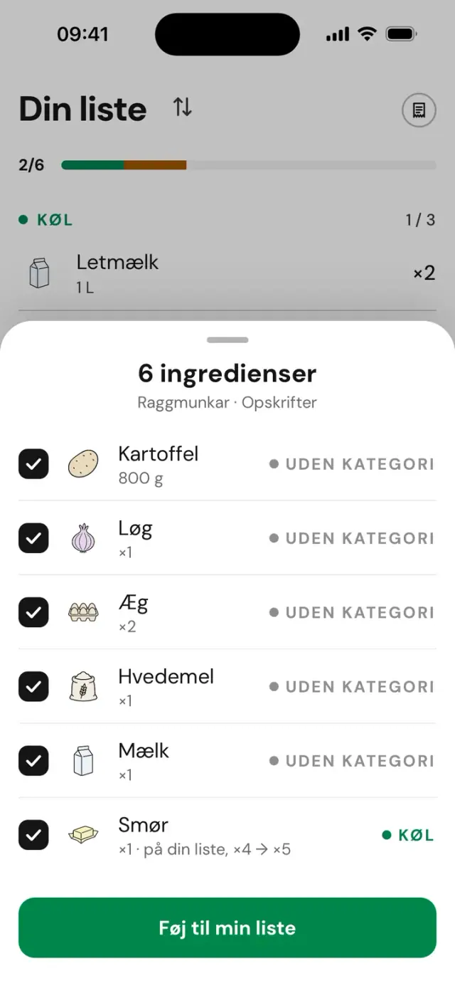 Ingredienserne fra en opskrift sat på listen