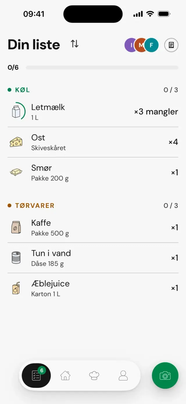 Skærmen »Din liste«: letmælk, ×3 mangler