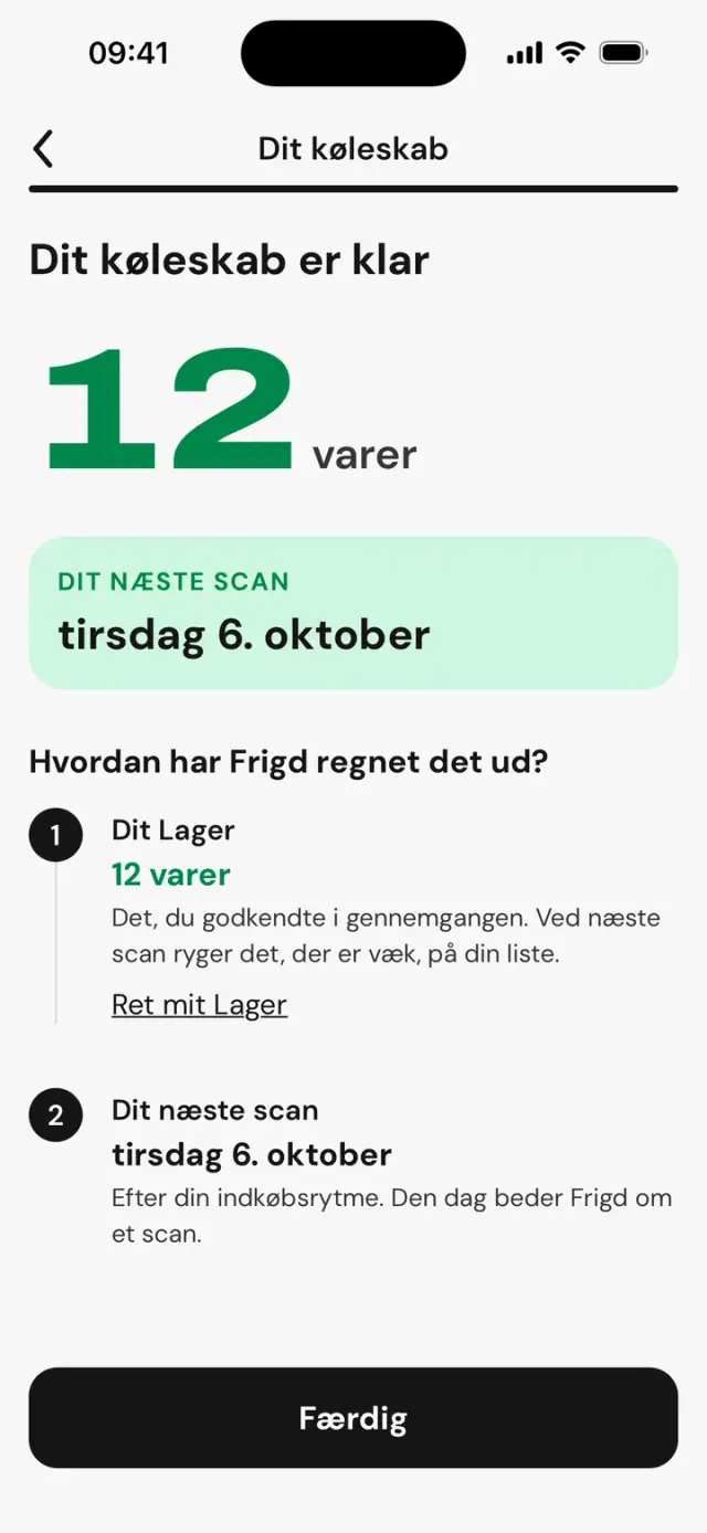 Skærmen »Dit køleskab er klar«: 12 varer og datoen for næste scanning