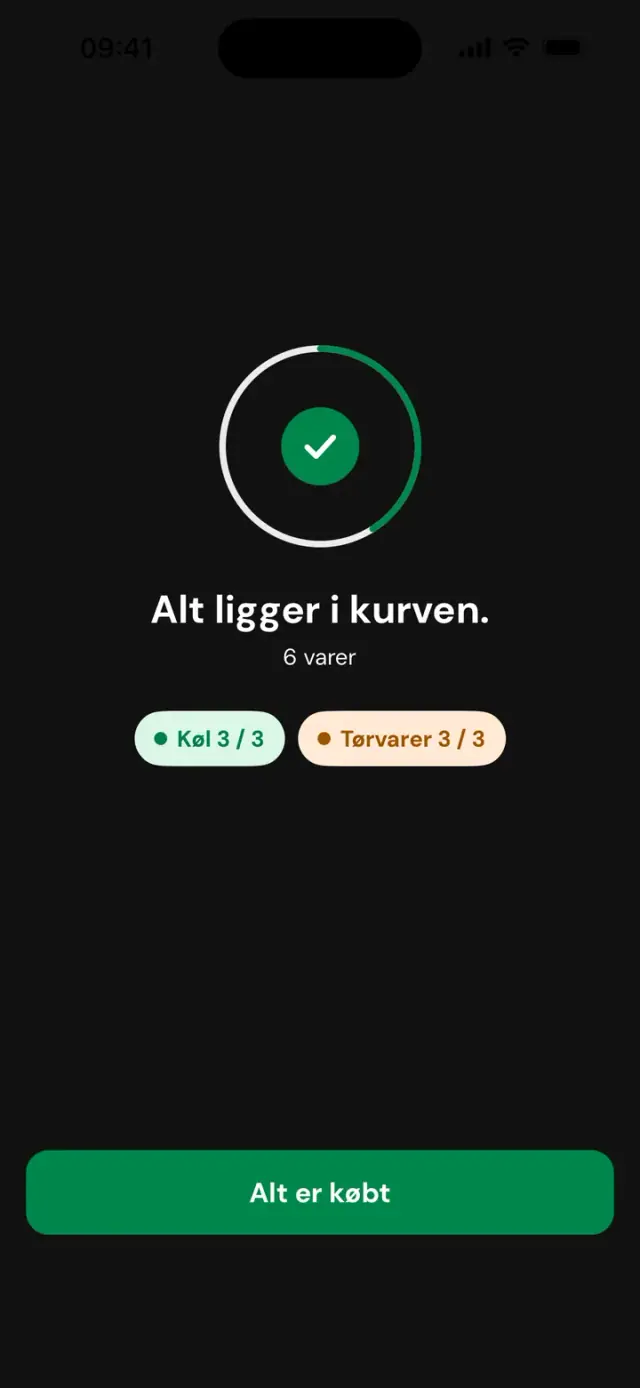 Skærmen »Alt ligger i kurven. 6 varer«, Køl 3 af 3, Tørvarer 3 af 3