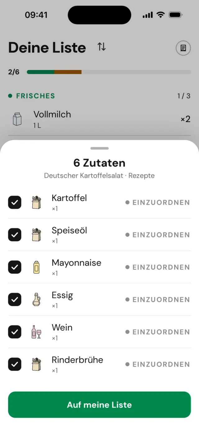 Die Zutaten eines Rezepts, auf die Liste übernommen
