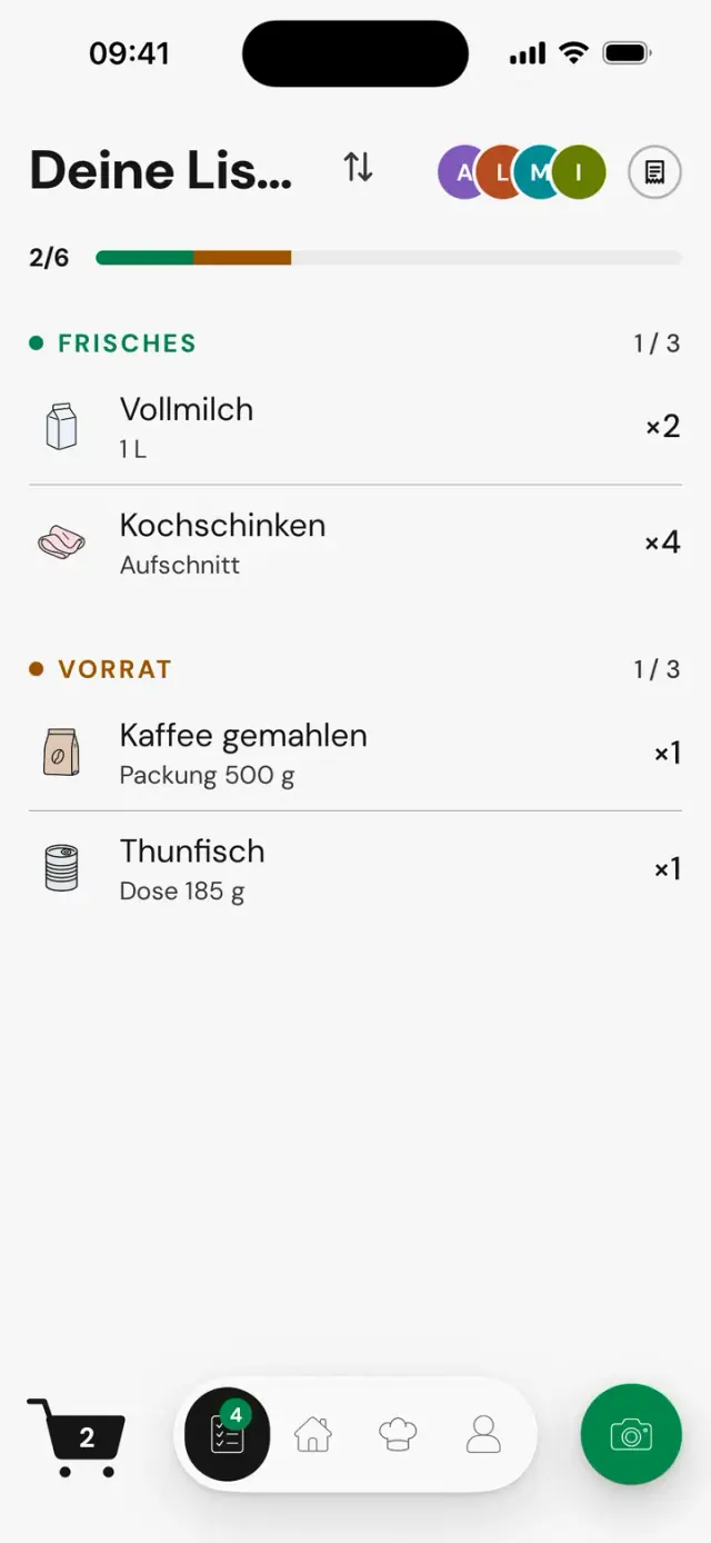 Geteilte „Deine Liste“: Einkaufsliste von vier Personen geteilt, 2 von 6 Artikeln genommen, Gruppen Frisches und Vorrat