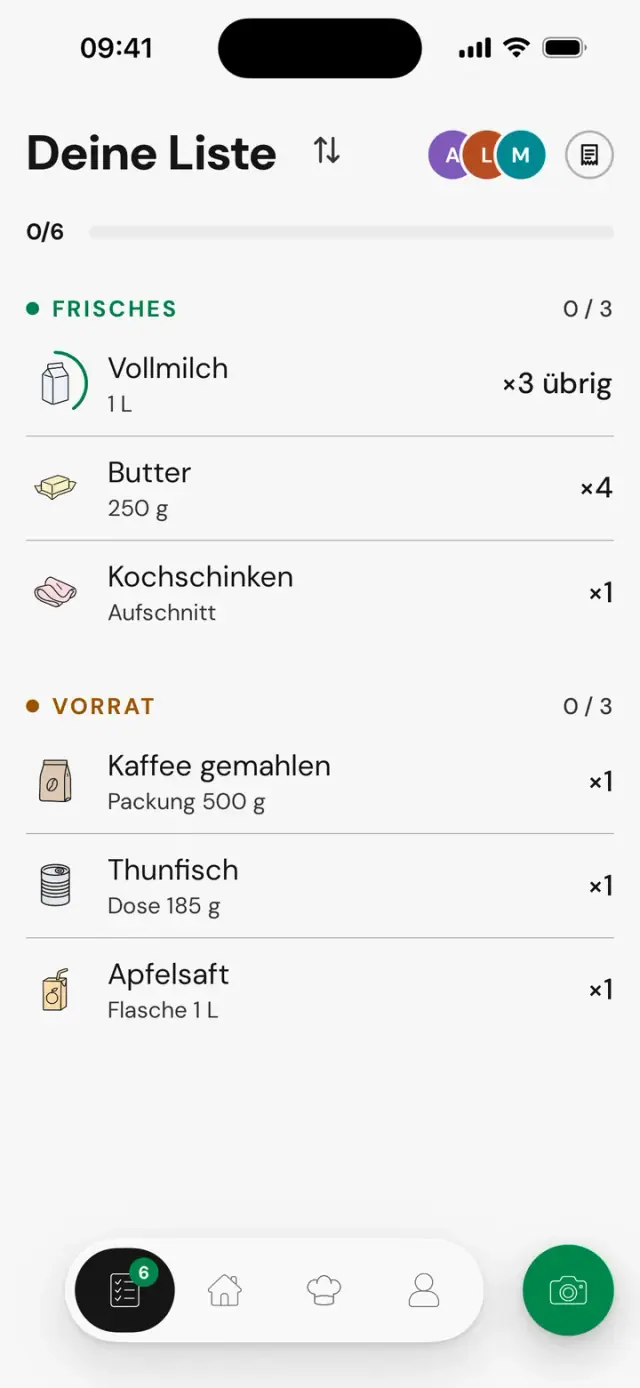 „Deine Liste“: Vollmilch, ×3 übrig