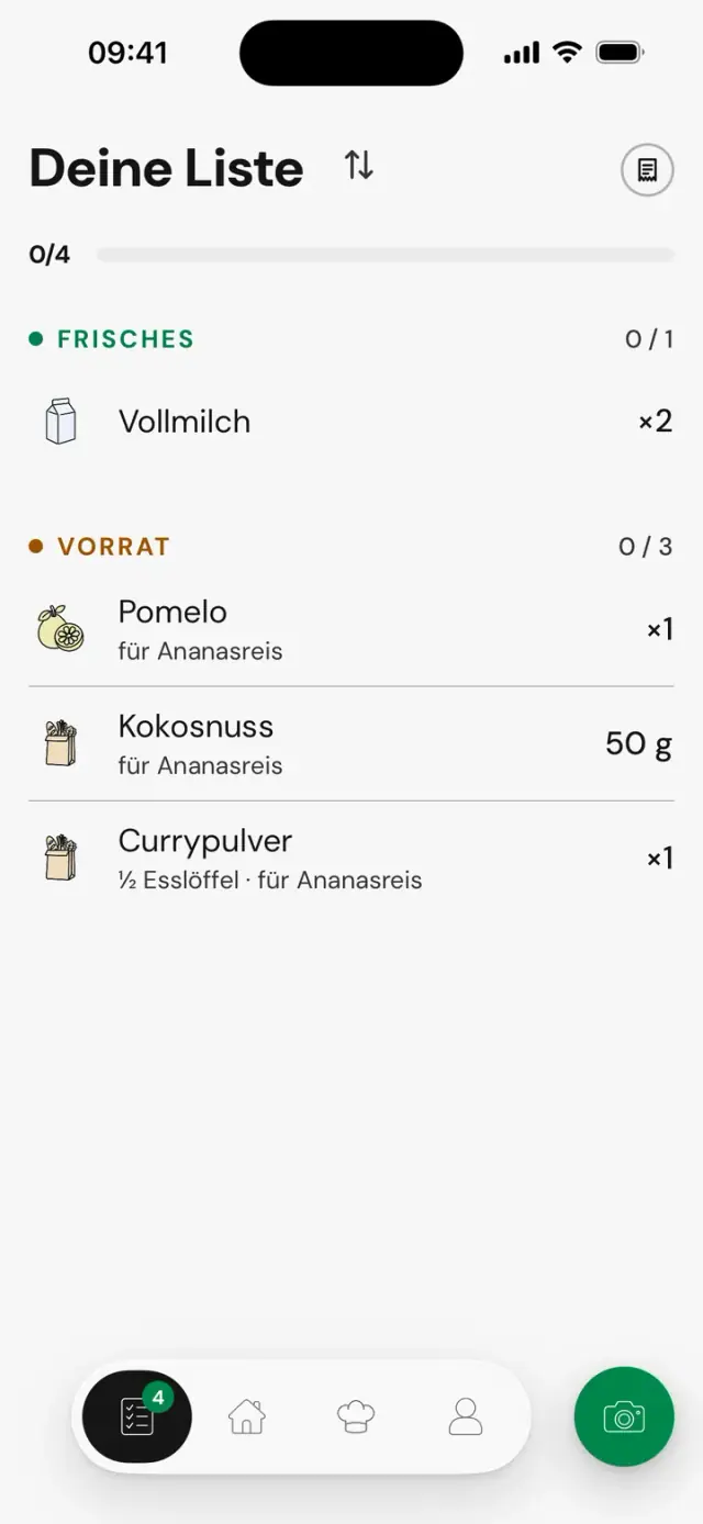 Die Liste mit Pomelo, Kokos und Curry „für Ananasreis“