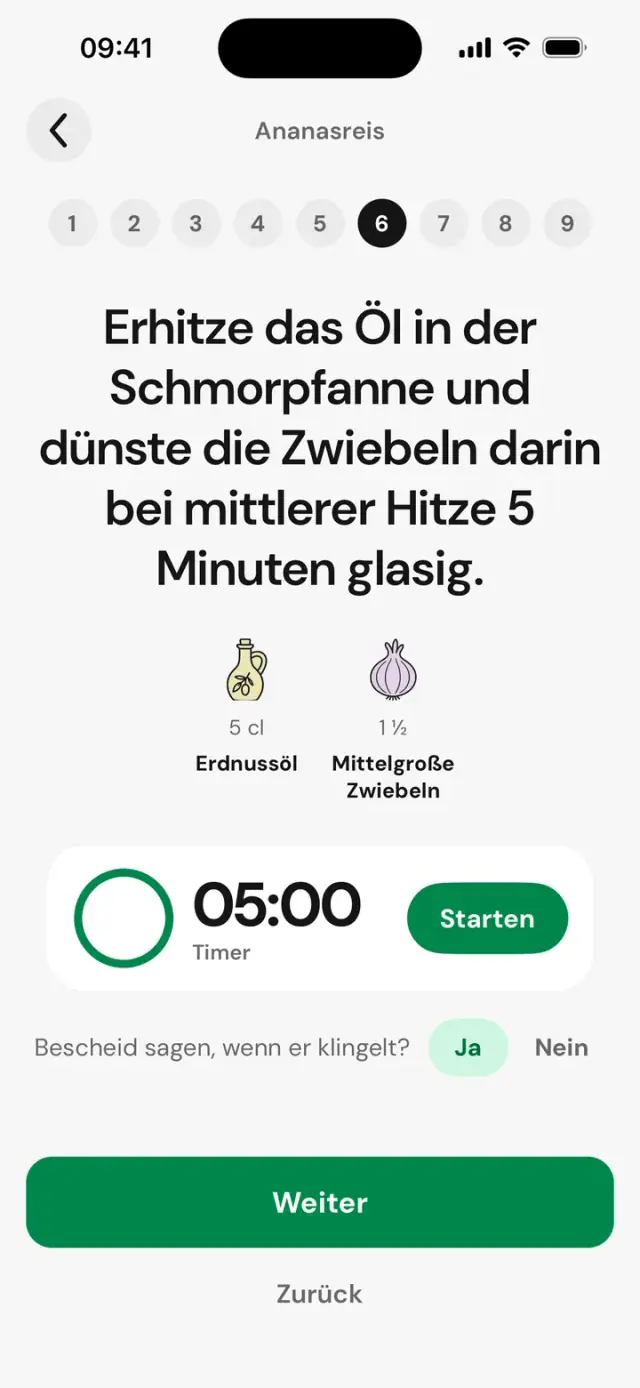 Kochmodus, Schritt 5 von 8: Öl erhitzen und die Zwiebeln glasig dünsten, Timer 05:00