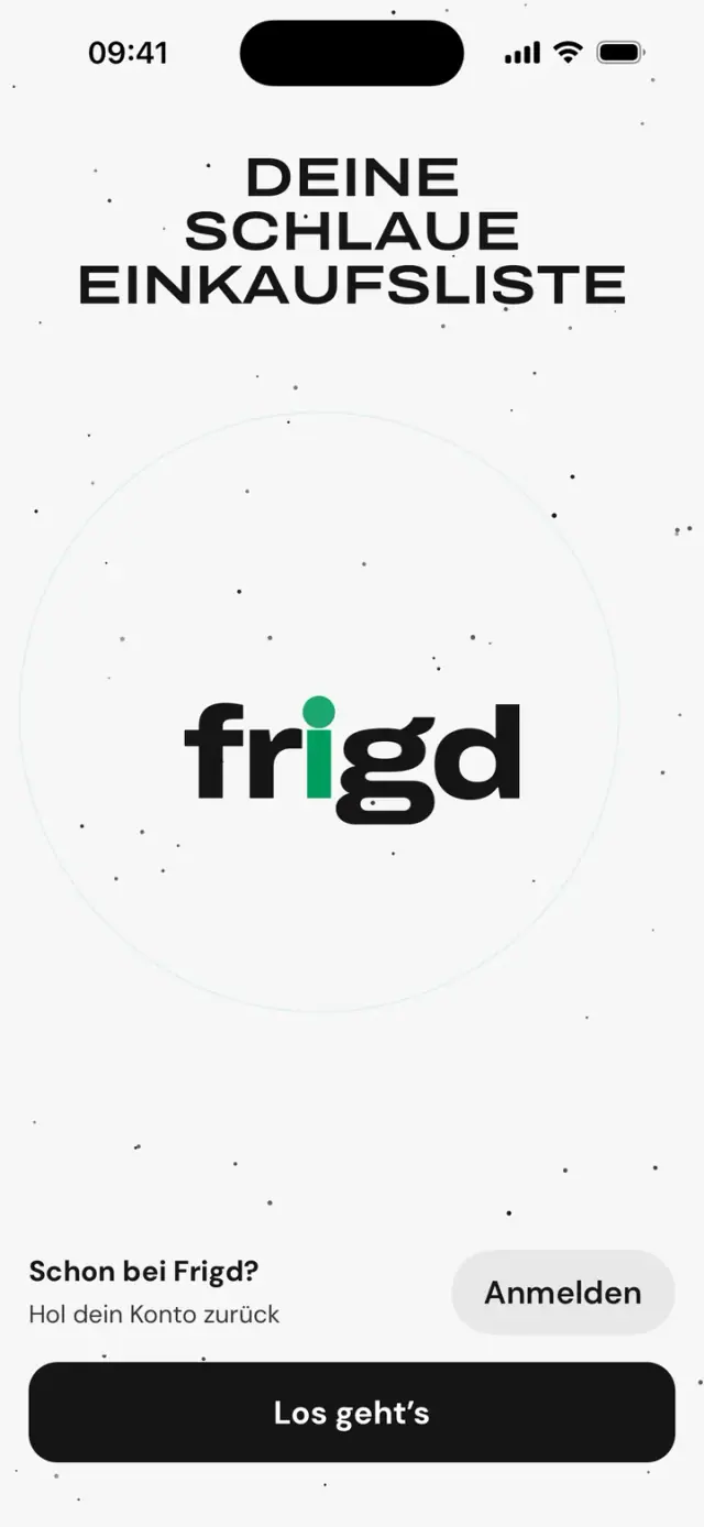 Erster Bildschirm der App: „Deine schlaue Einkaufsliste“, Schriftzug frigd