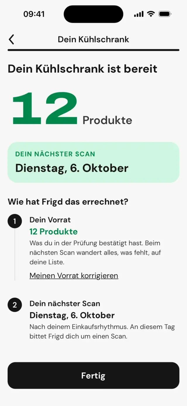 Bildschirm „Dein Kühlschrank ist bereit“: 12 Produkte und das Datum des nächsten Scans