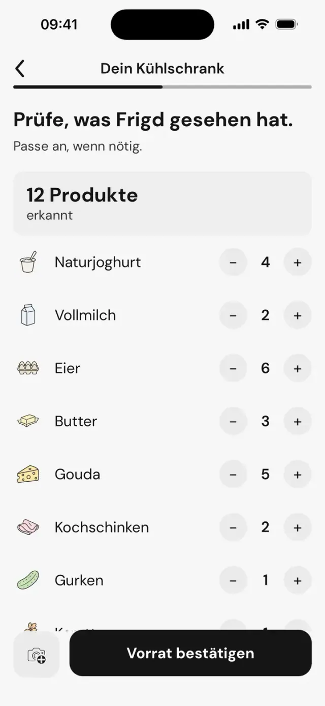 Bildschirm „Prüfe, was Frigd gesehen hat.“: 12 erkannte Produkte mit ihren Mengen