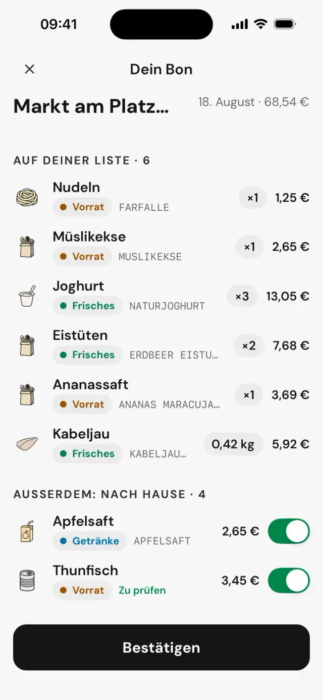Abgleich des Bons: Auf deiner Liste · 6, Außerdem: nach Hause · 4