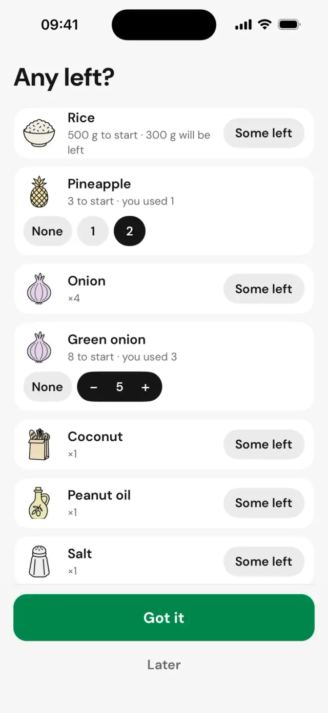 Screen “Any left?”: rice, pineapple, onions, with “Some left” or “None”