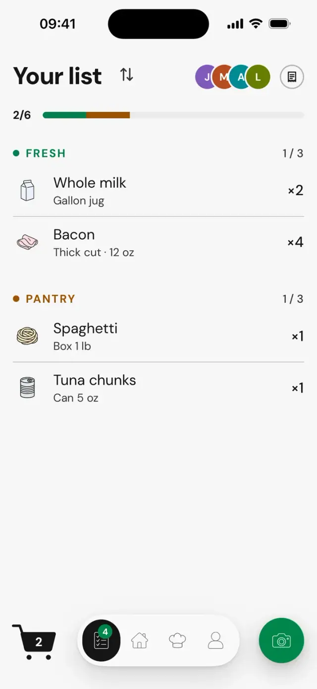 Shared “Your list” screen: grocery list shared by four people, 2 of 6 items picked up, Fresh and Pantry groups