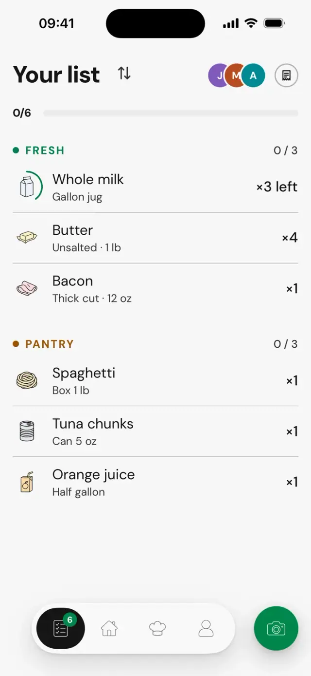 “Your list” screen: whole milk, ×3 left