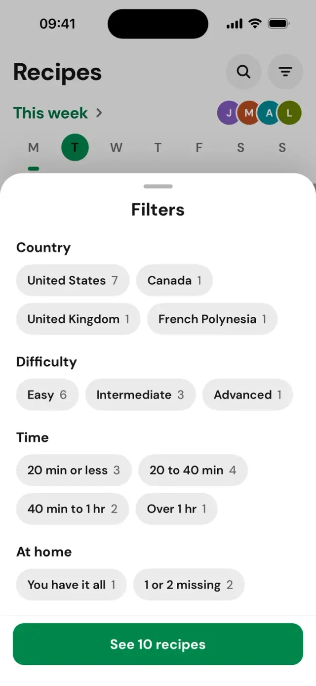 The “Filters” sheet: country, time, At home