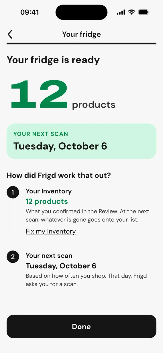 Screen “Your fridge is ready”: 12 products and the next scan date