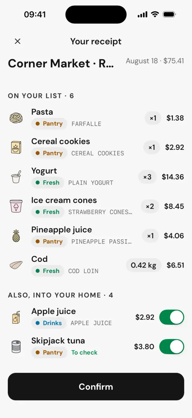 Receipt matching: On your list · 6, Also, into your home · 4