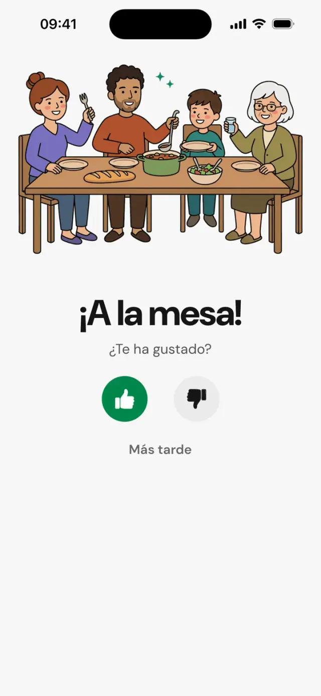 Pantalla «¡A la mesa! ¿Te ha gustado?» con una familia a la mesa