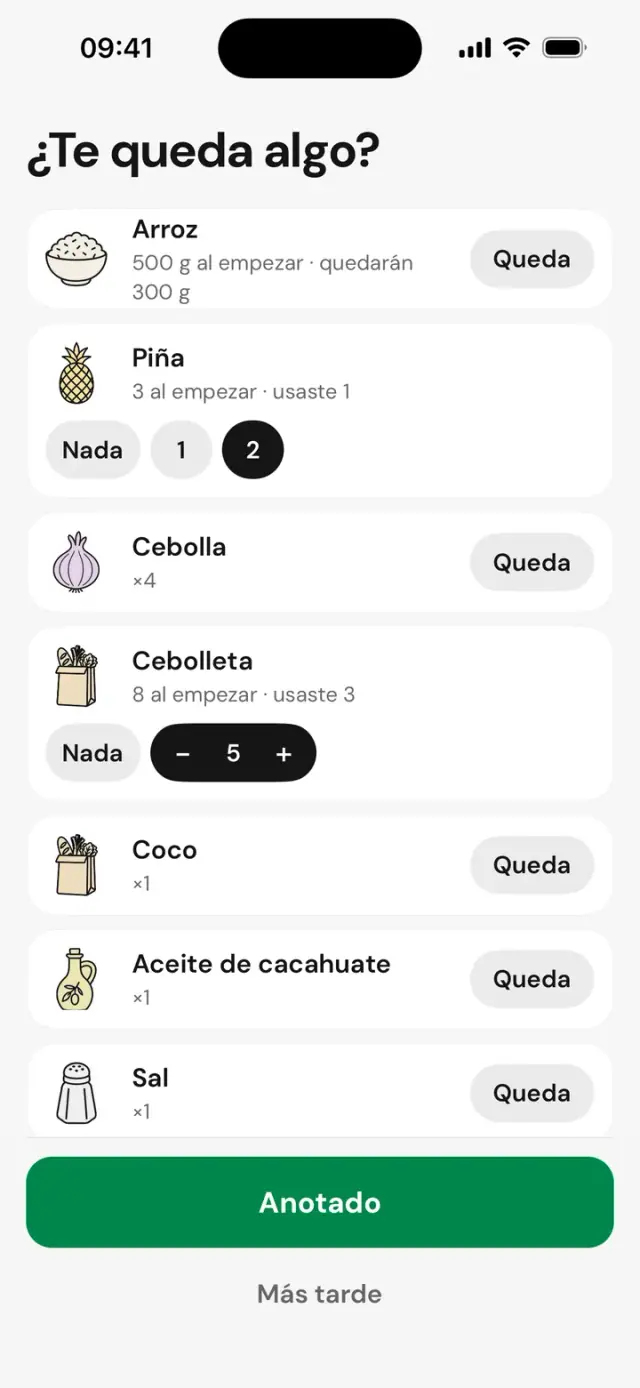 Pantalla «¿Te queda algo?»: arroz, piña, cebollas, con «Queda» o «Nada»