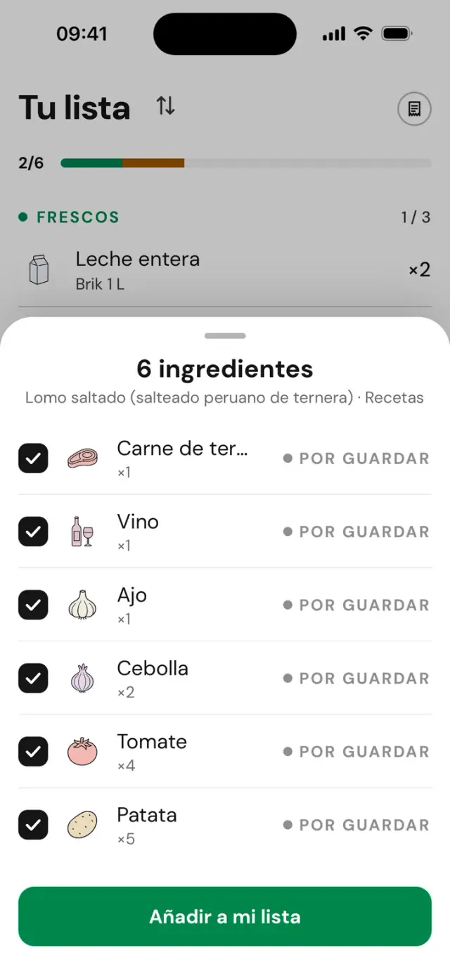 Los ingredientes de una receta importados a la lista
