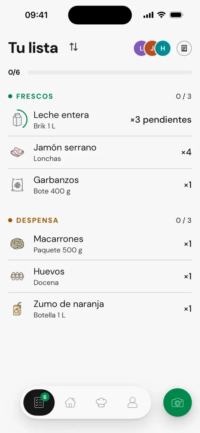 Pantalla «Tu lista»: leche entera, ×3 pendientes