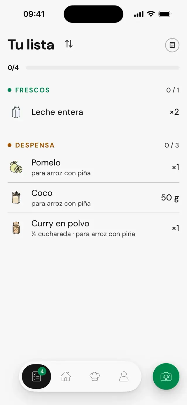 La lista con pomelo, coco y curri «para Arroz con piña»