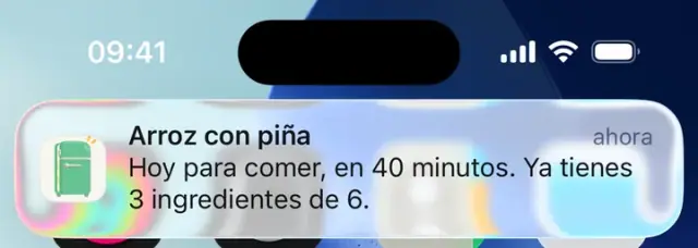 Notificación: Arroz con piña. Hoy para comer, en 40 minutos. Ya tienes 3 ingredientes de 6.