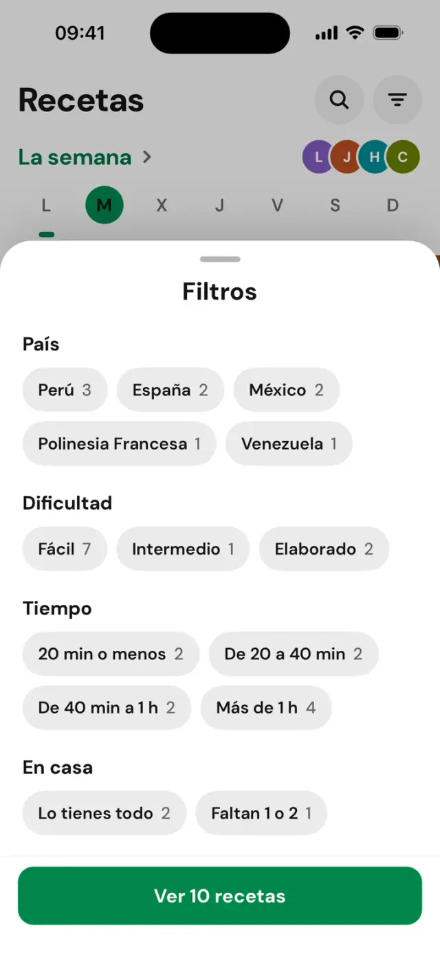 Hoja «Filtros»: país, tiempo, En casa