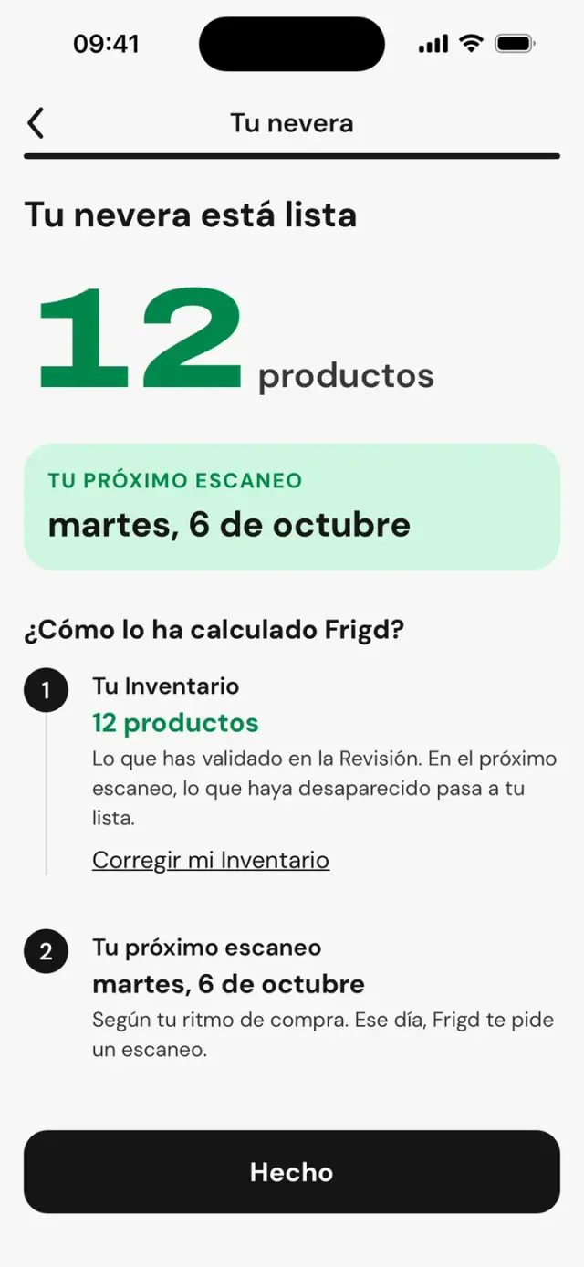 Pantalla «Tu nevera está lista»: 12 productos y la fecha del próximo escaneo