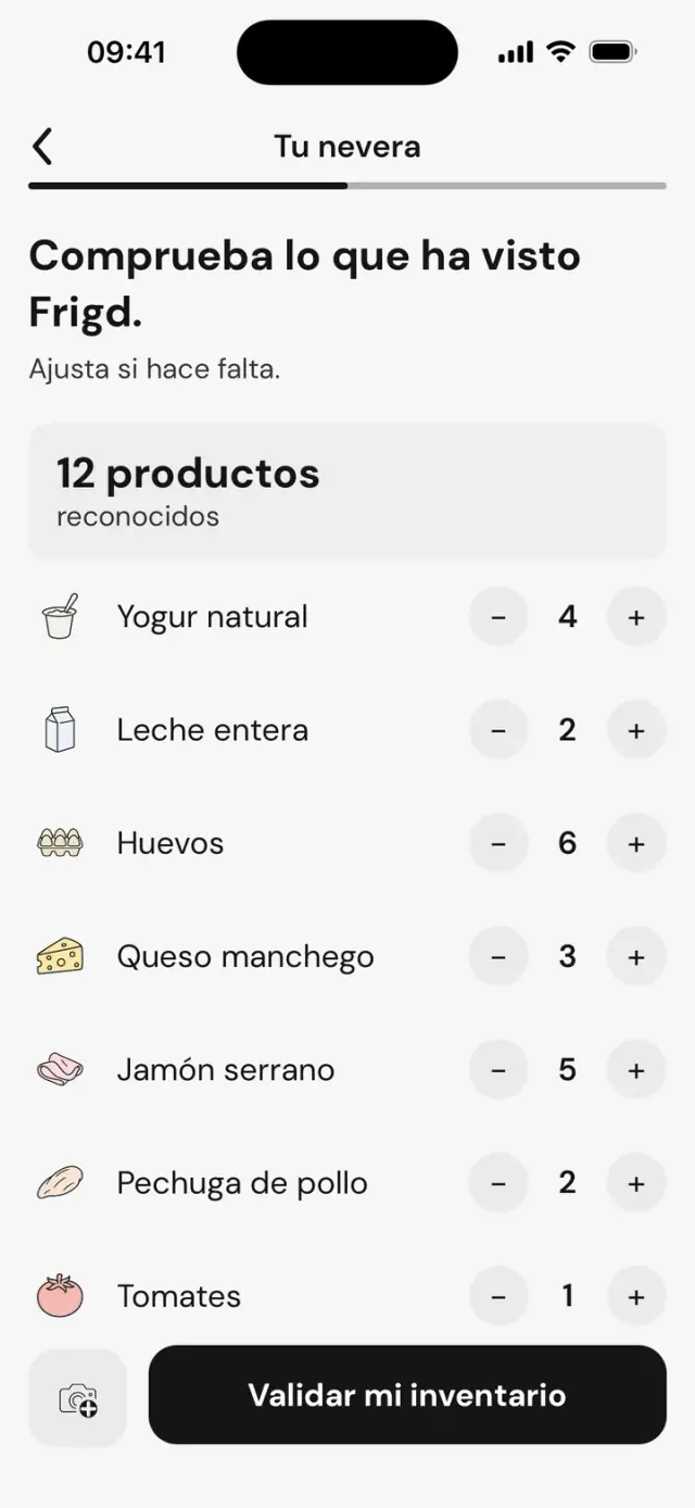 Pantalla «Comprueba lo que ha visto Frigd.»: 12 productos reconocidos, con sus cantidades