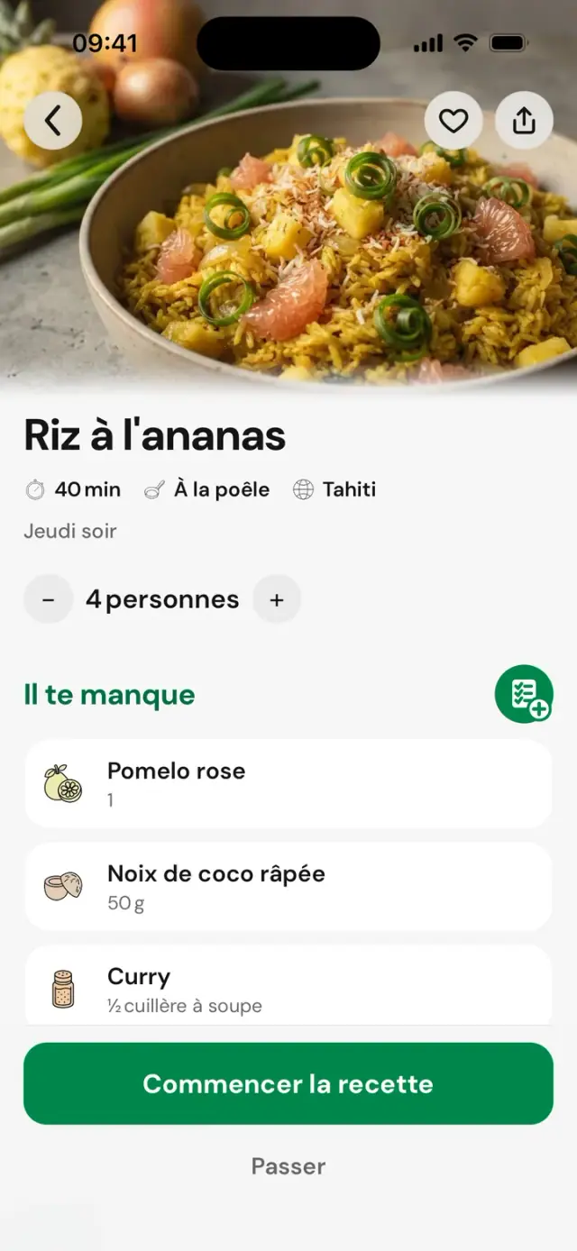 Fiche « Riz à l’ananas » : 40 min, Tahiti, 4 personnes, Il te manque