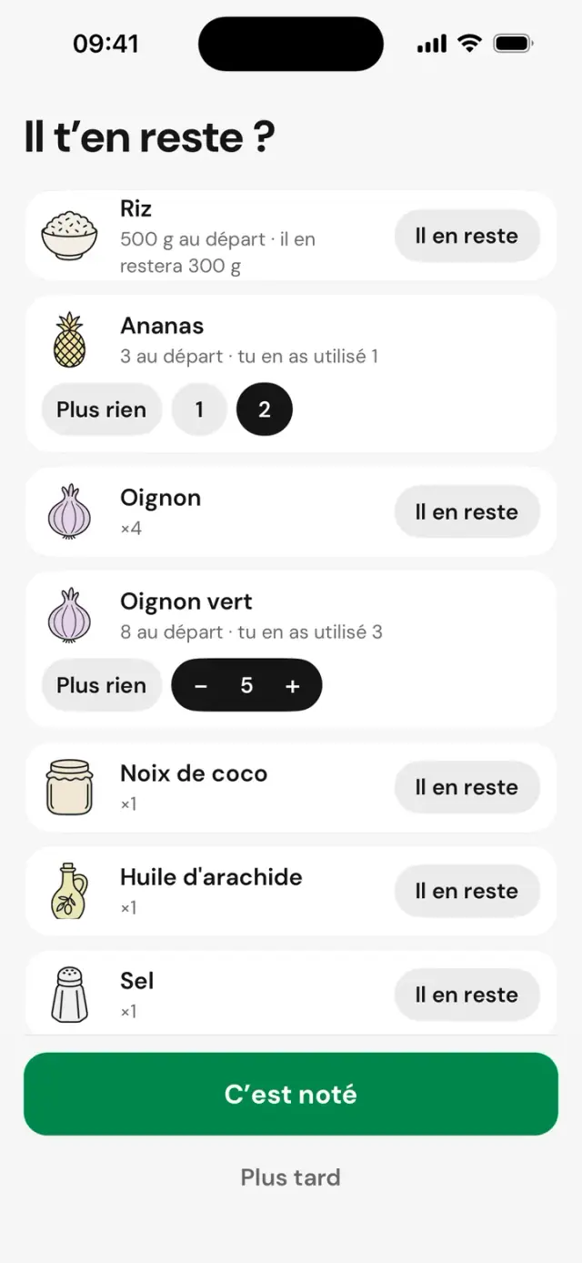 Écran « Il t’en reste ? » : riz, ananas, oignons, avec « Il en reste » ou « Plus rien »