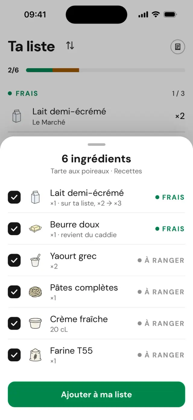 Import des 6 ingrédients d’une tarte aux poireaux vers la liste