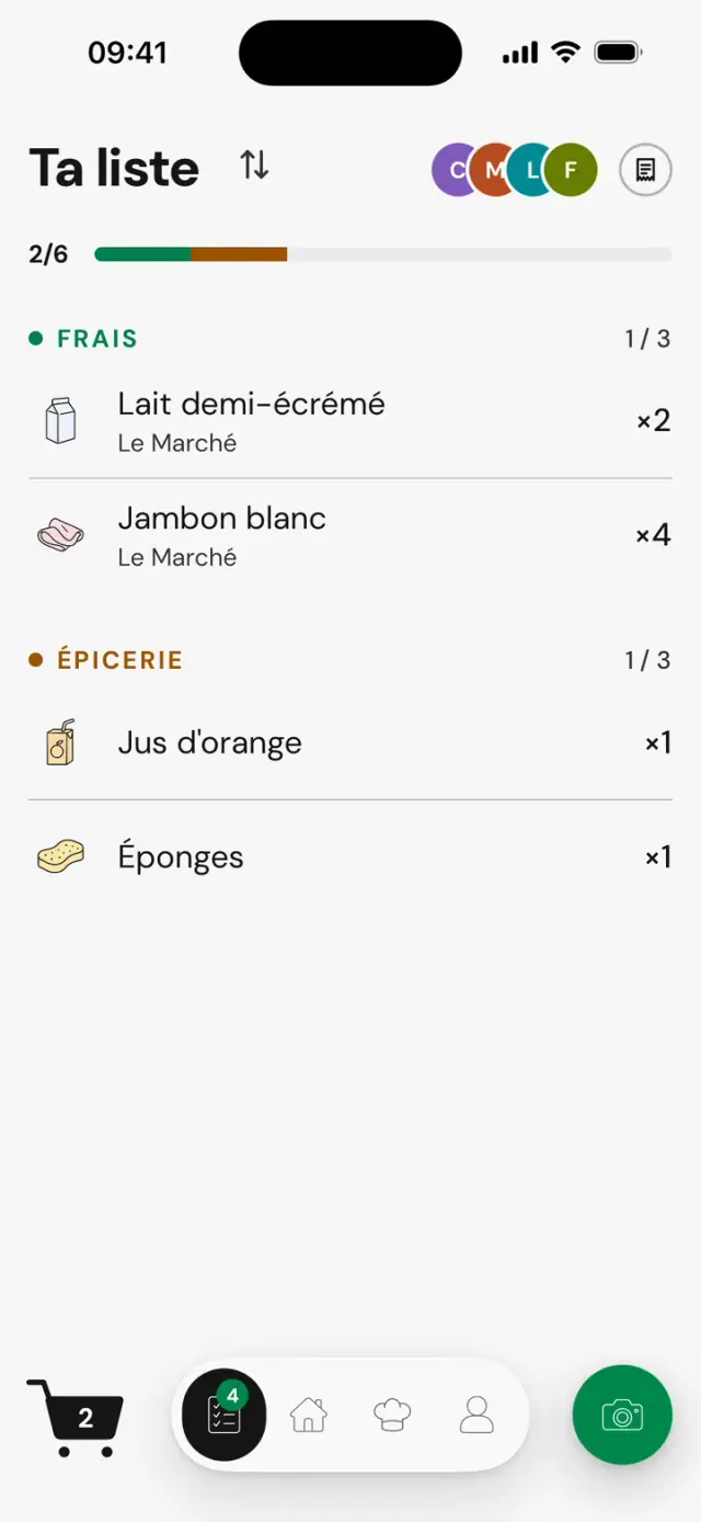 Écran « Ta liste » : liste de courses partagée par quatre personnes, 2 articles sur 6 pris, familles Frais et Épicerie