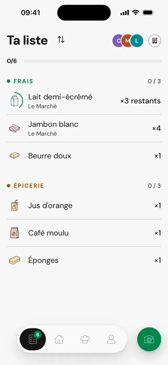 Écran « Ta liste » : lait demi-écrémé, ×3 restants