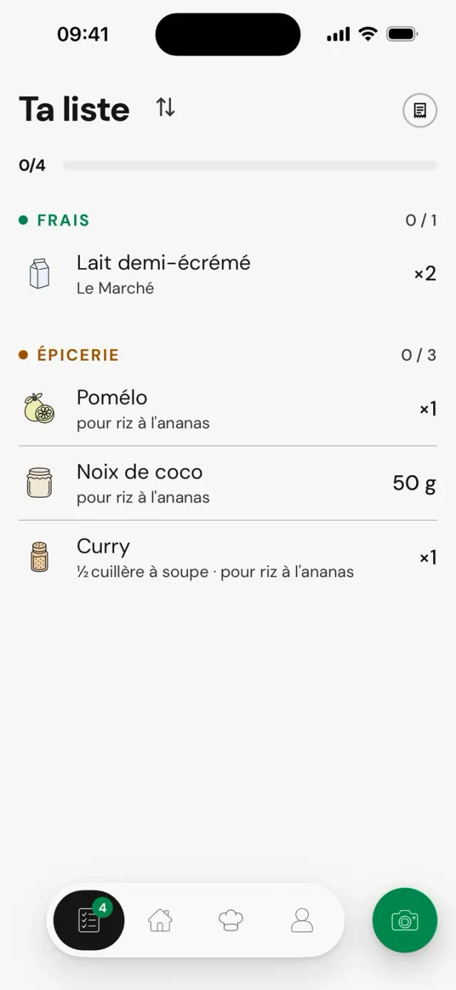 La liste avec pomélo, noix de coco et curry « pour riz à l’ananas »