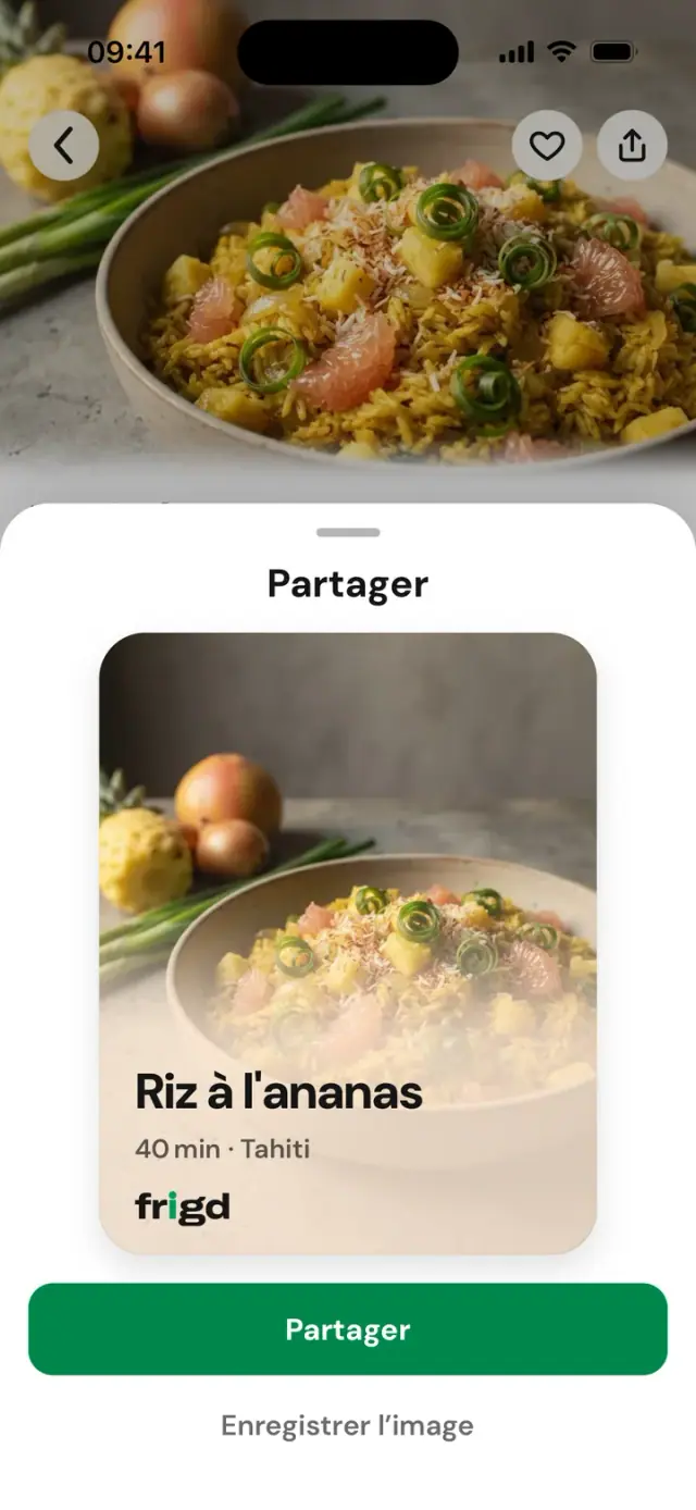 Feuille « Partager » d’une recette avec l’image générée