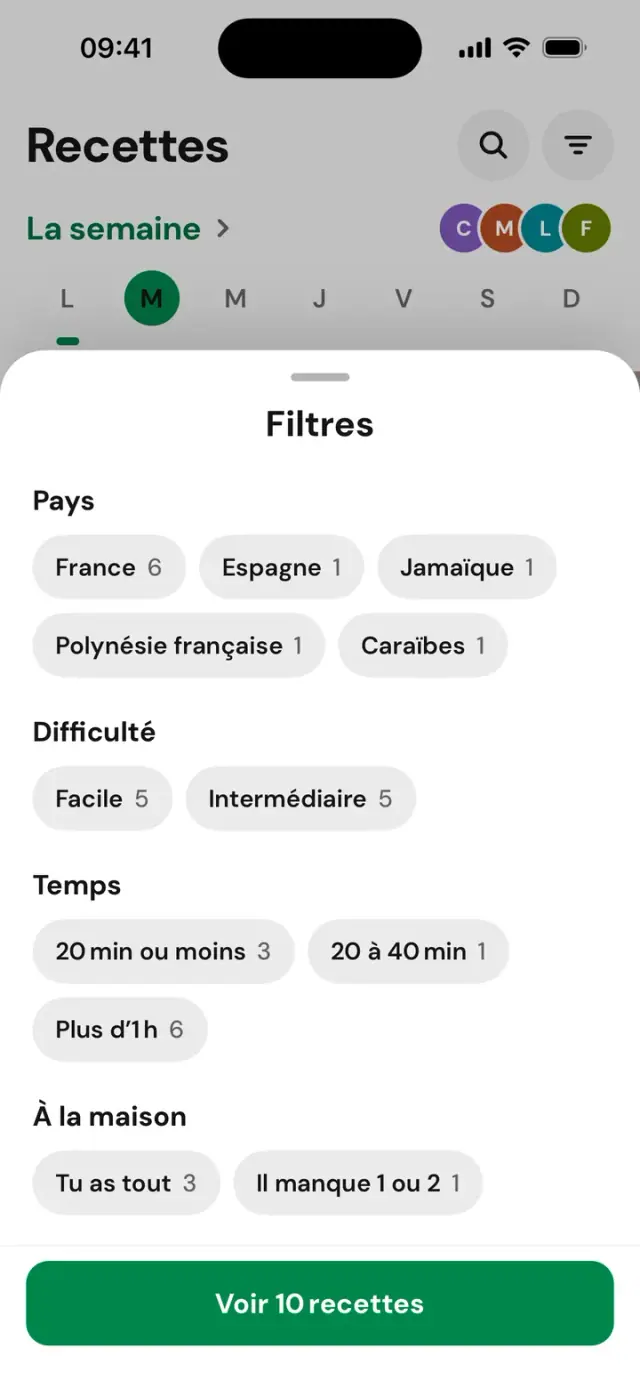 Feuille « Filtres » : pays, temps, À la maison, Voir 10 recettes
