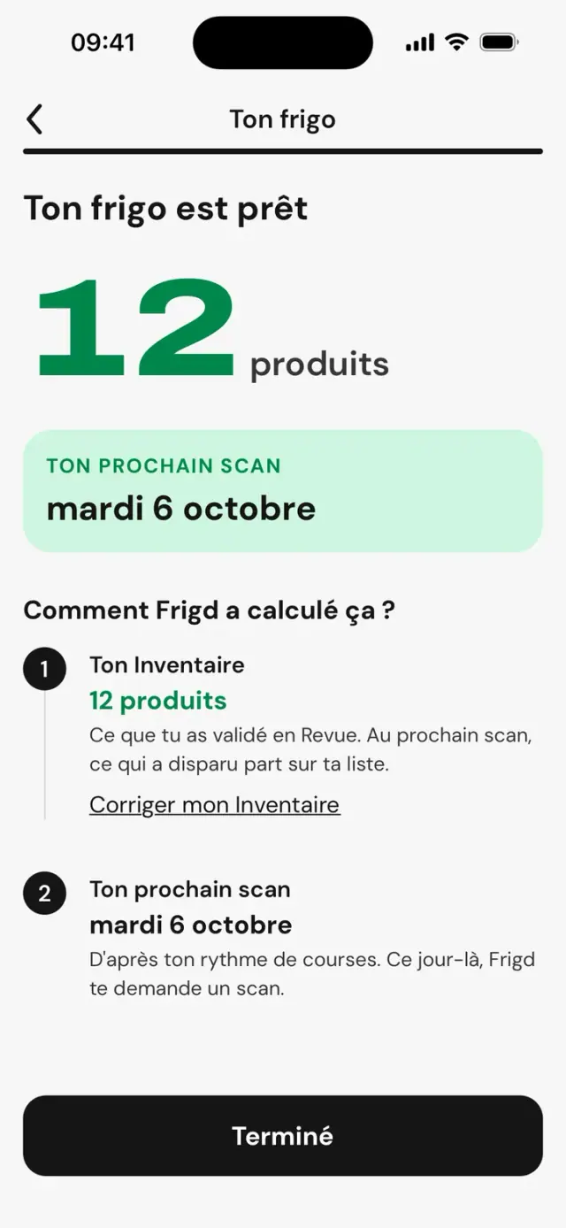 Écran « Ton frigo est prêt » : 12 produits, prochain scan lundi 5 octobre