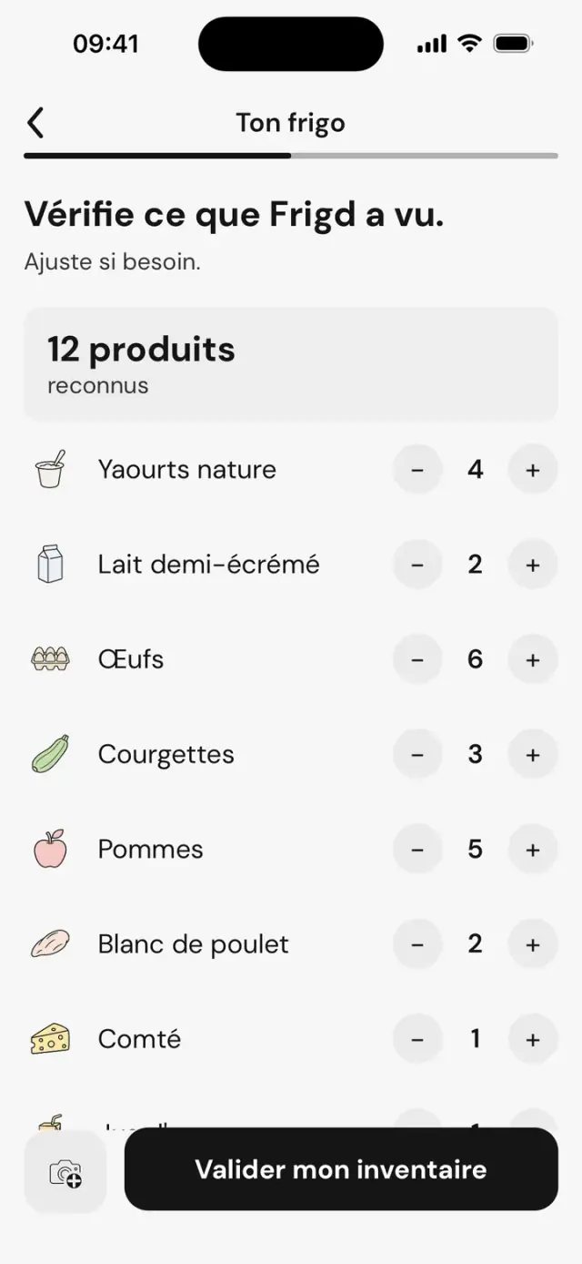 Écran « Vérifie ce que Frigd a vu » : 12 produits reconnus, yaourts, lait, œufs, courgettes…