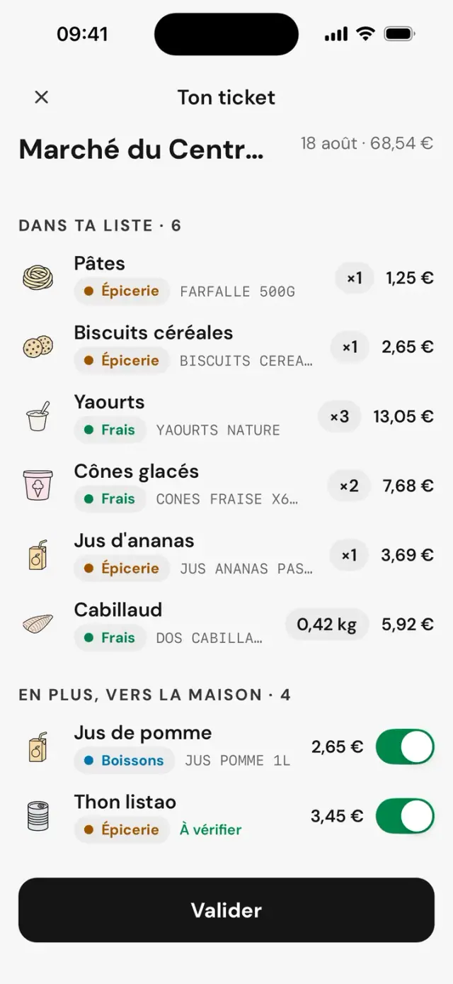 Rapprochement du ticket : Dans ta liste · 6, En plus, vers la maison · 4