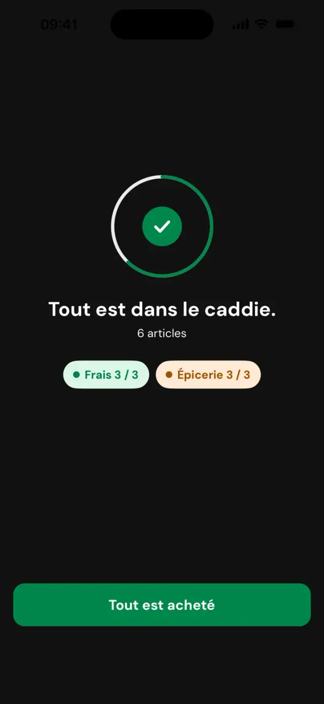 Écran « Tout est dans le caddie. 6 articles », Frais 3 sur 3, Épicerie 3 sur 3