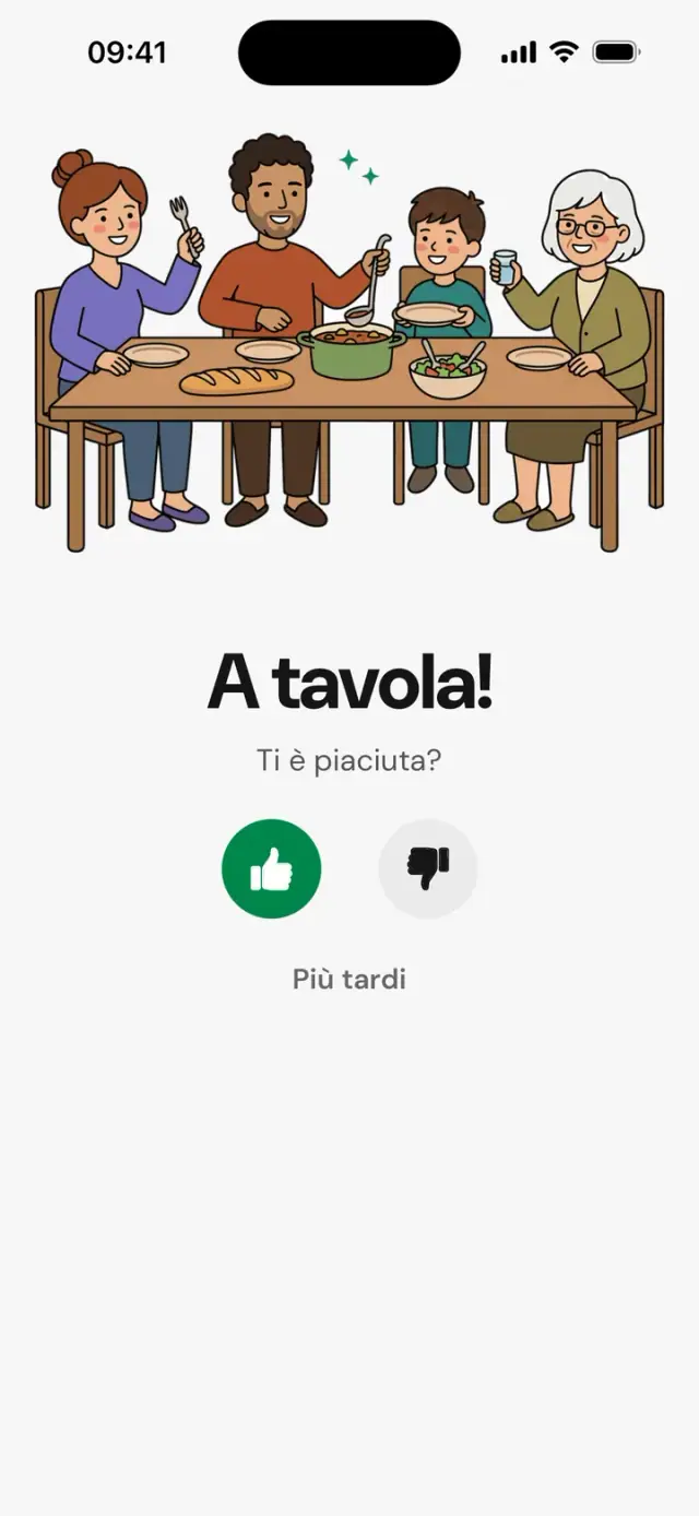 Schermata «A tavola! Ti è piaciuta?» con una famiglia a tavola