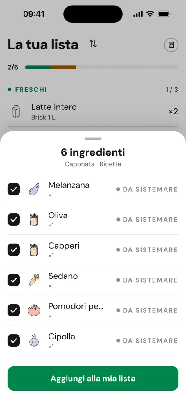 Gli ingredienti di una ricetta importati nella lista