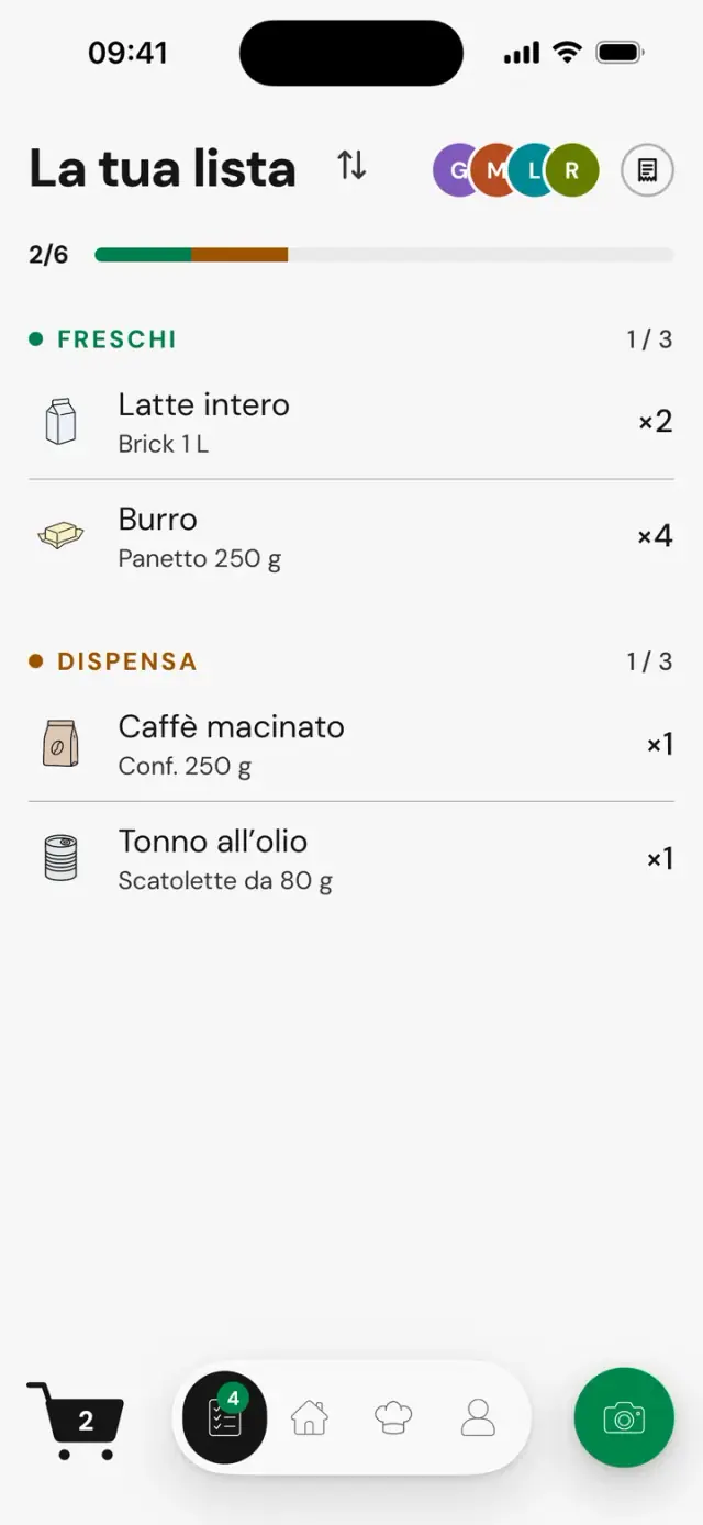 Schermata «La tua lista»: lista della spesa condivisa da quattro persone, 2 articoli su 6 presi, famiglie Freschi e Dispensa