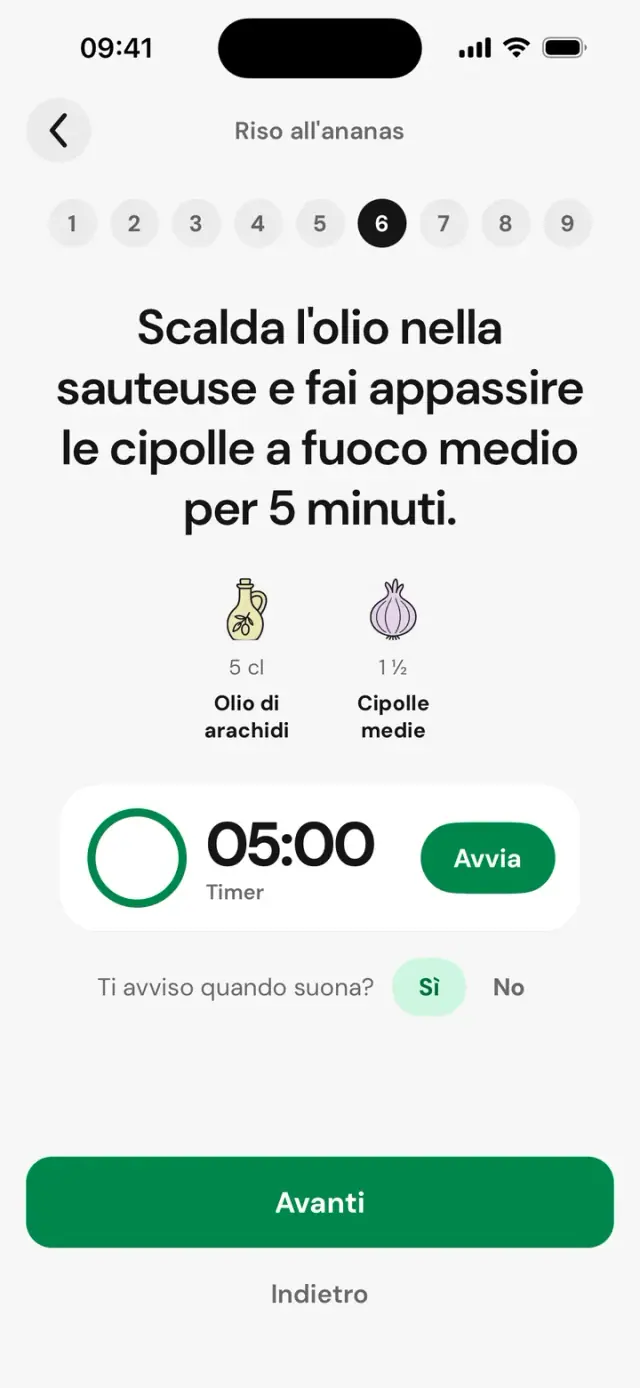 Modalità cucina, passaggio 5 di 8: scalda l’olio e fai appassire le cipolle, timer 05:00