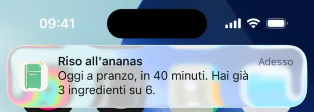 Notifica: Riso all’ananas. Oggi a pranzo, in 40 minuti. Hai già 3 ingredienti su 6.