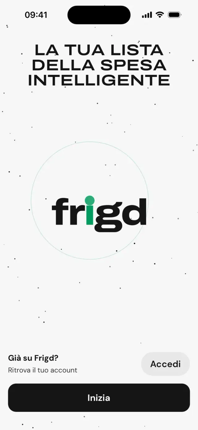 Prima schermata dell’app: «La tua lista della spesa intelligente», logotipo frigd