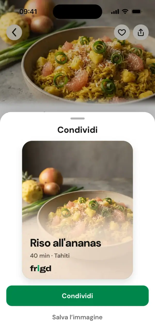 Pannello «Condividi» di una ricetta, con l’immagine generata