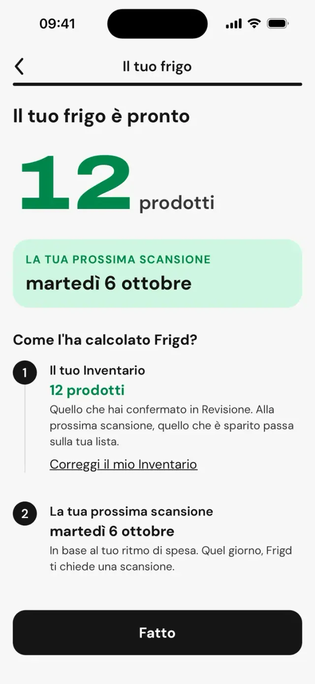 Schermata «Il tuo frigo è pronto»: 12 prodotti e la data della prossima scansione