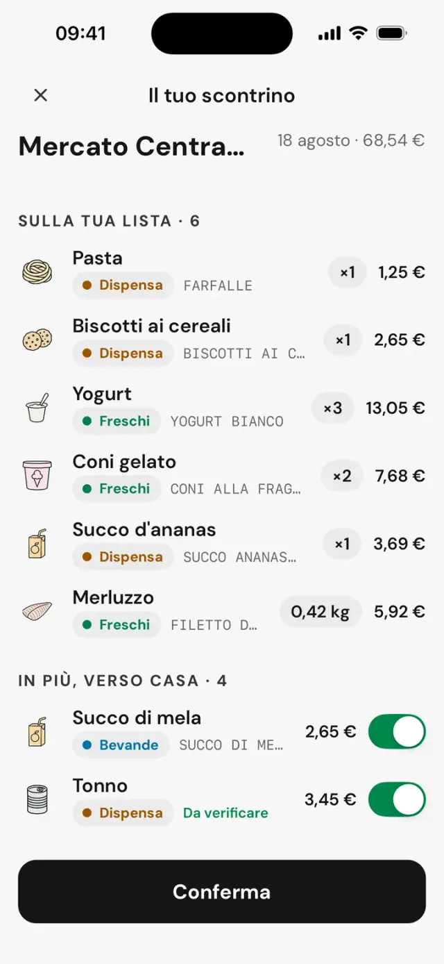 Confronto dello scontrino: Sulla tua lista · 6, In più, verso casa · 4