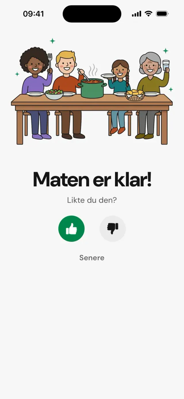 Skjermen «Maten er klar! Likte du den?» med en familie rundt bordet